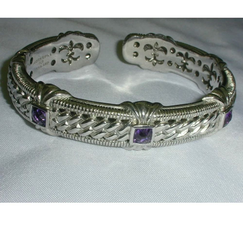 Vintage Signed Judith Ripka Sterling 925 Hinged Bracelet W/ Amethyst